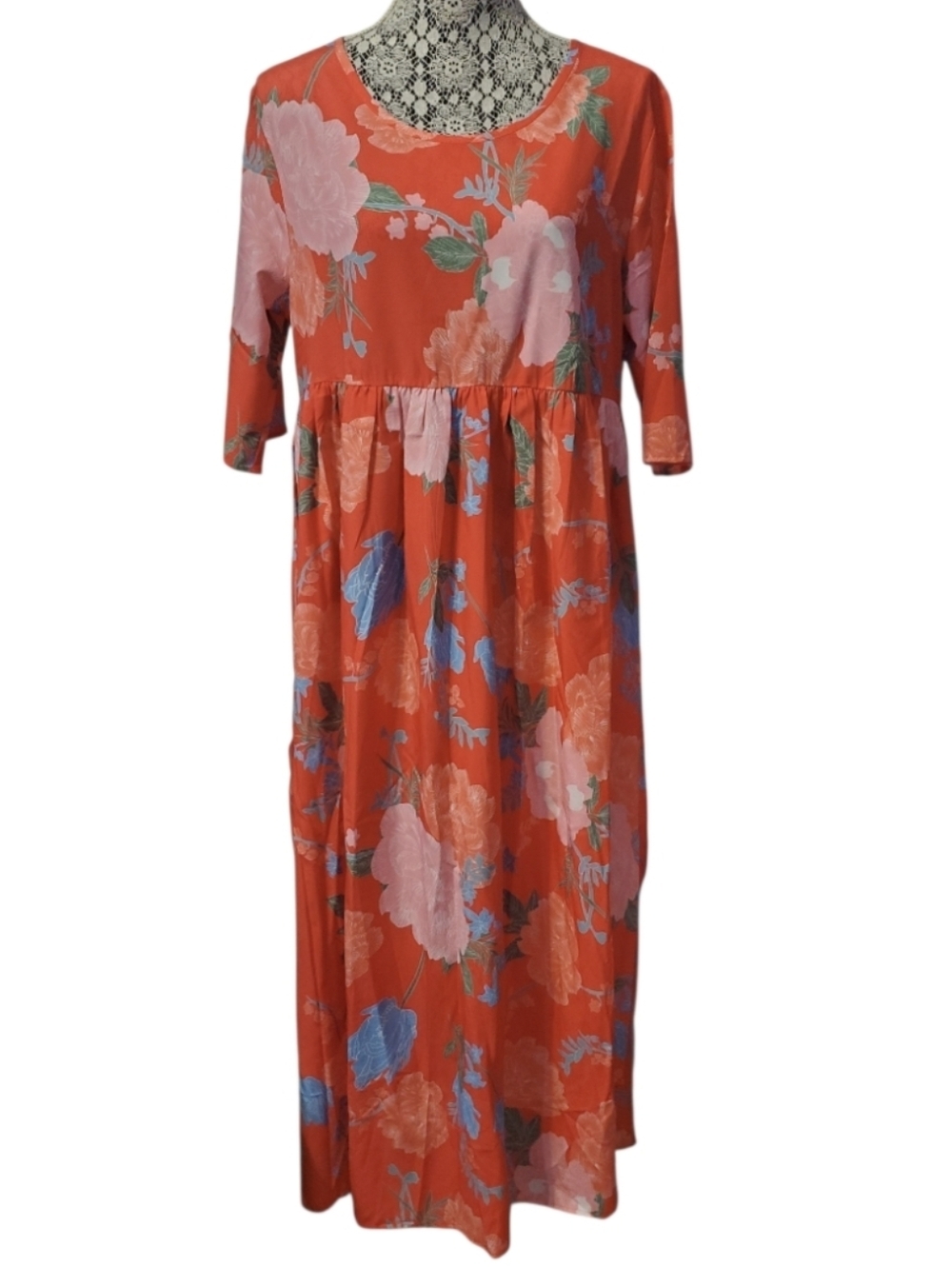 Women's Floral Maxi Dress with 3/4 Sleeves & Pockets Bohemian M/L - Picture 2 of 3